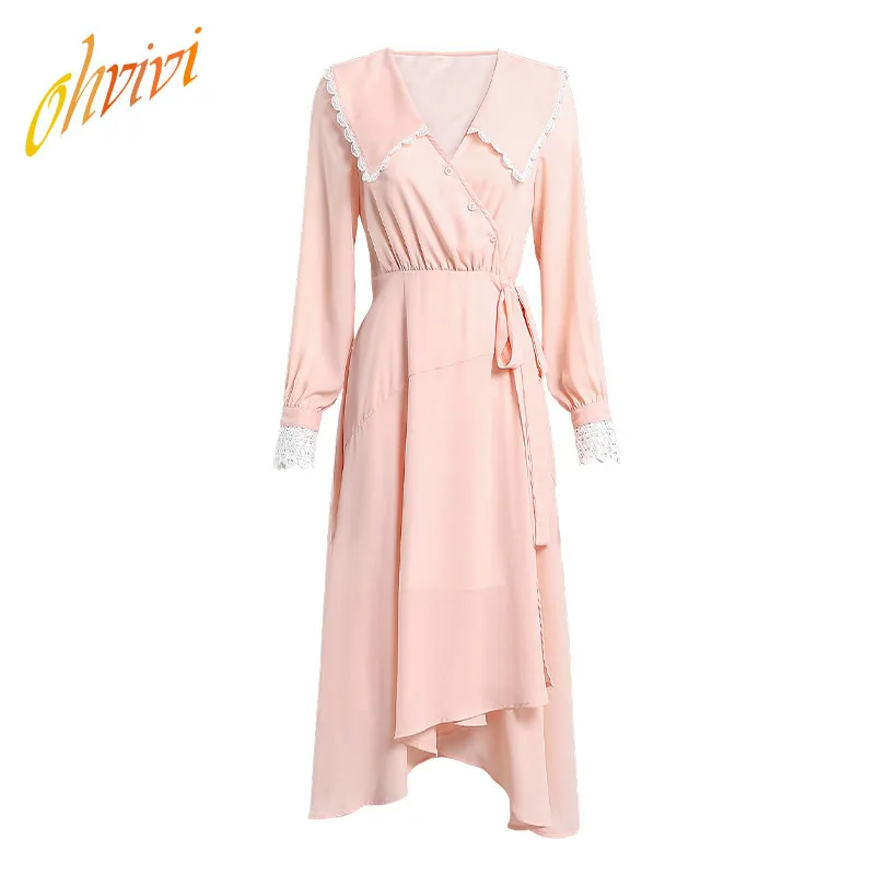 

2019 New In Stock Peter Pan Cute Collar High Quality Buttons Up Elegant Maxi Solid Chiffon Long Sleeve Dress