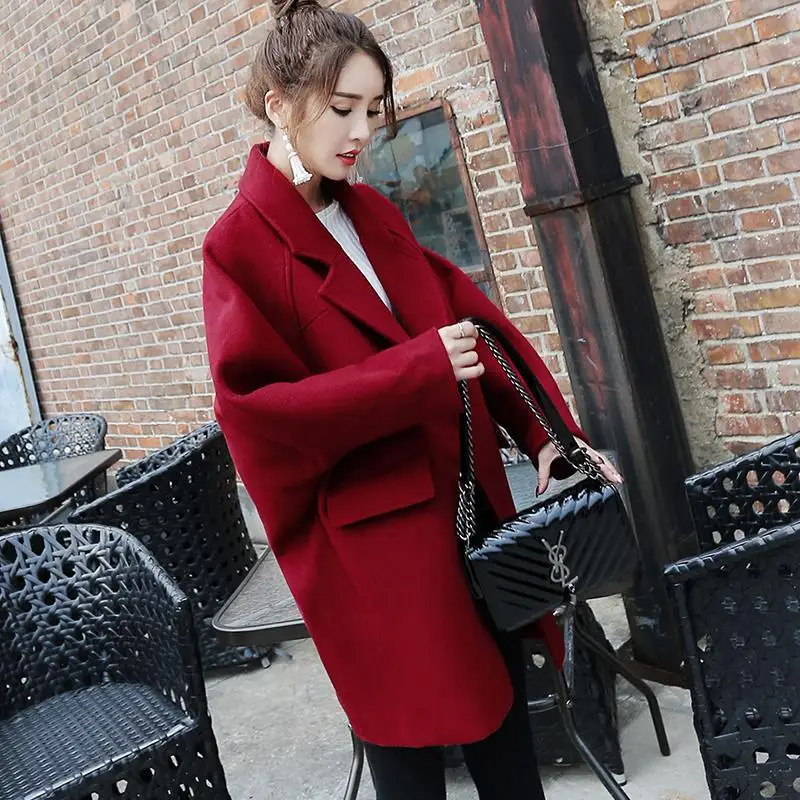 Женское длинное шерстяное пальто кокон свободное зимнее осенний бордовый цвет