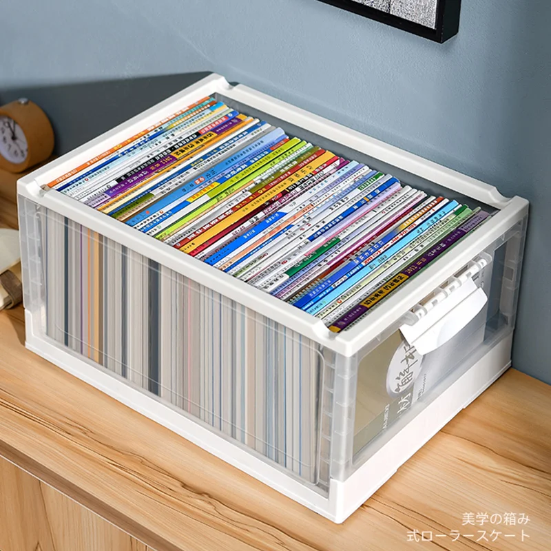 Складная коробка для хранения книг Бытовая пластиковая прозрачная с колесами