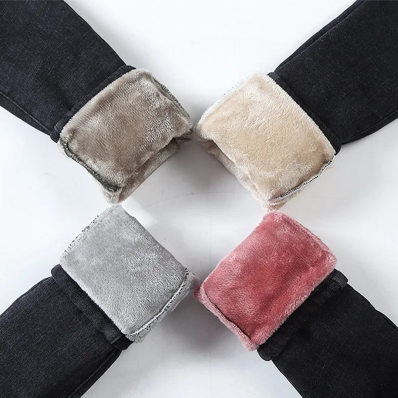 Зимние плотные бархатные женские обтягивающие джинсы с высокой талией Женские