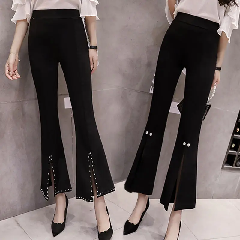 

Женские брюки-клеш с завышенной талией, однотонные универсальные офисные брюки до щиколотки с заклепками и карманами, M210, весна-лето 2021