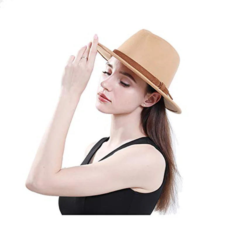 

LUCKYLIANJI Retro Women Men Vintage 100% Wool Wide Brim Cap Fedora Panama Jazz Bowler Hat Leather Band (57cm/adjusted)