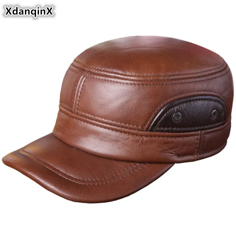 

XdanqinX Real Natural Genuine Leather Hat Autumn Winter Men Military Hats Brands Cowhide Leather Caps Men's Flat Cap Earmuff Hat