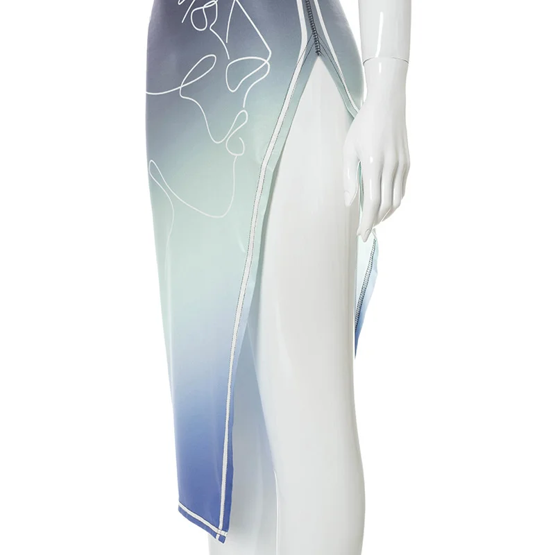 

Summer Print One Shoulder Dress Sexy Bandage Backless Bodycon Party Stretch Streetwear Outfits Slash Neck Split Dresses