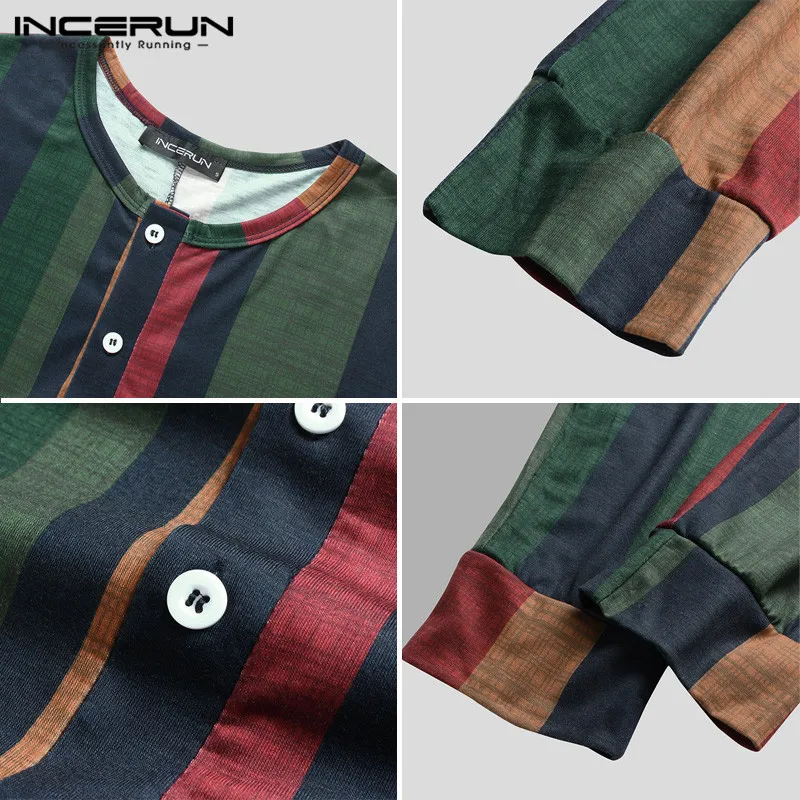 

INCERUN Men Pajamas Jumpsuit Striped Homewear Long SLeeve Button Fitness Cozy Rompers Mens Leisure Comfortable Sleepwear S-5XL 7