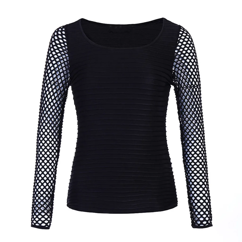 Женская футболка в сеточку однотонная черная с длинными рукавами и глубоким