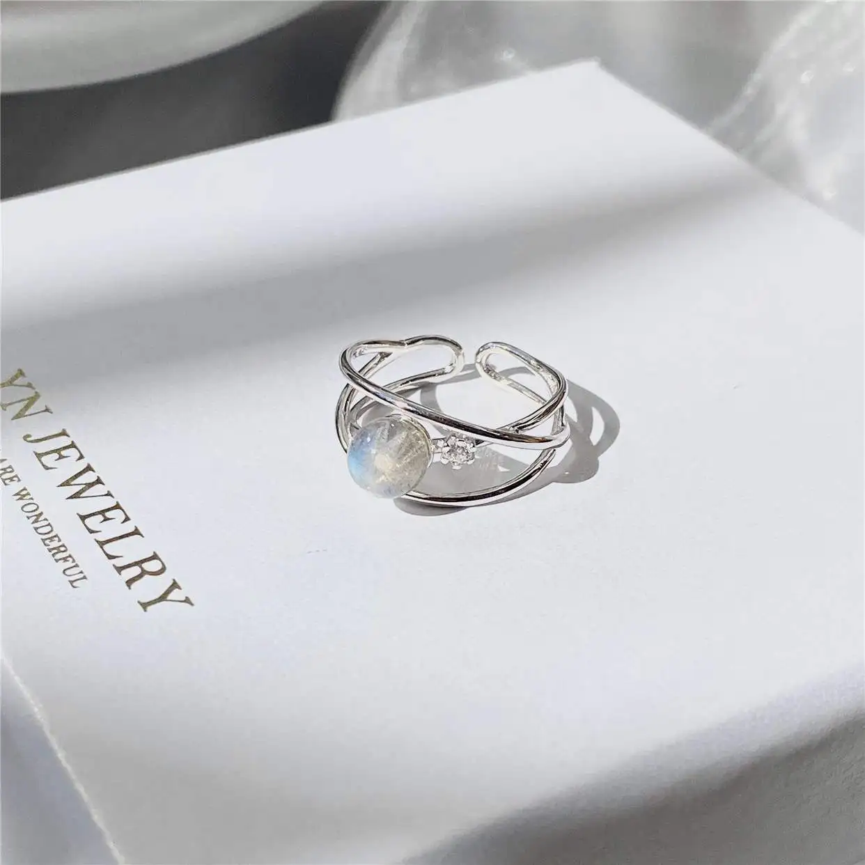 

Moonstone Zircon Ring for Girls 925 Sterling Silver Opening Adjustable Ins Light Luxury Minority Exquisite Simple Cold Style