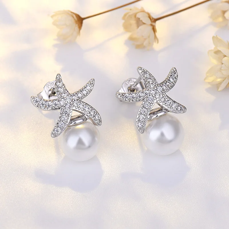 

Lovely Sea Star Trendy Stud Earrings Crystal Zirconia Imitation Pearls Golden/White Cute Piercing Earring Jewelry Gift For Women