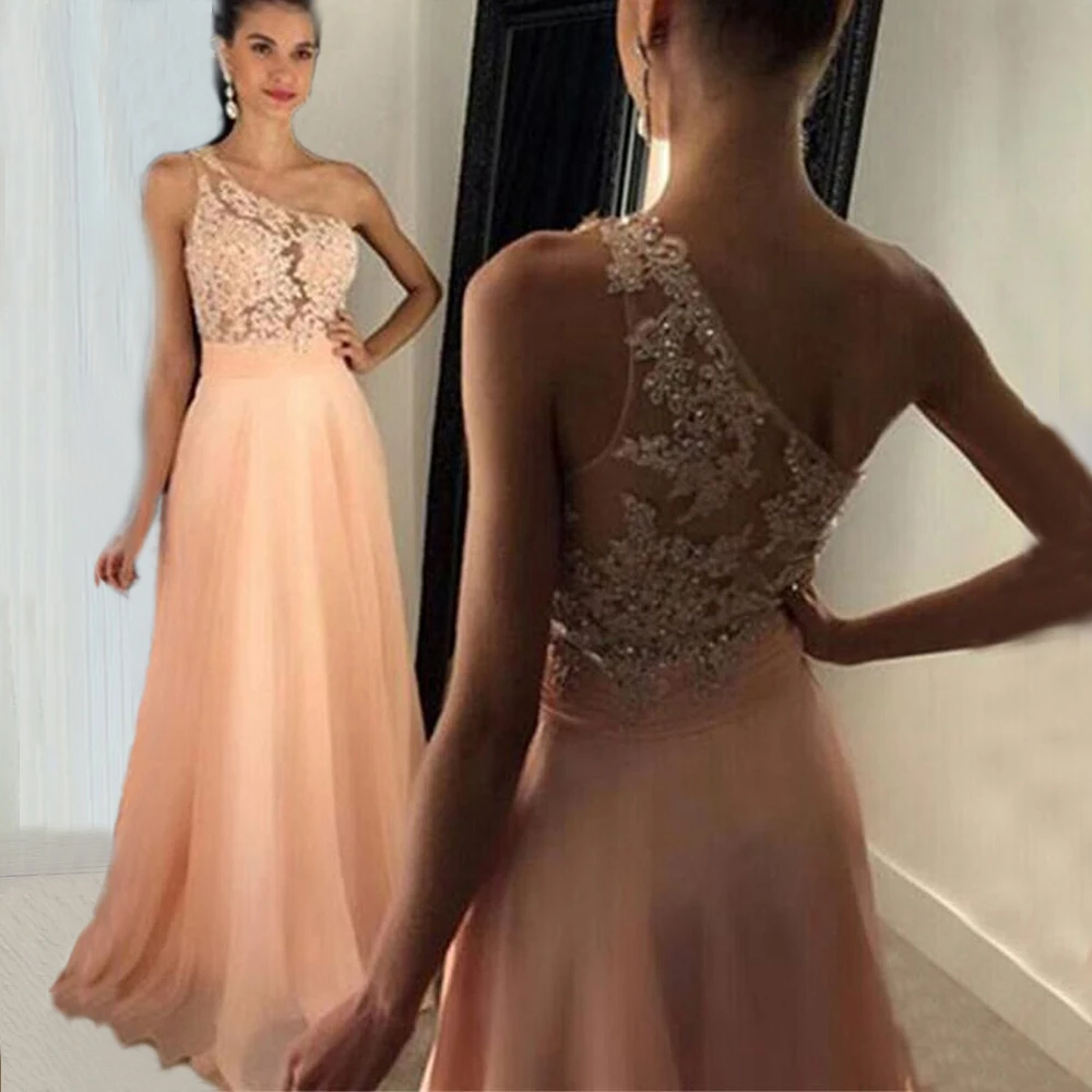 

New Blush Pink Evening Dress Elegant One Shoulder Appliques Lace Beaded Ruched Waist Sash Chiffon Prom Dress Re Soiree Robe