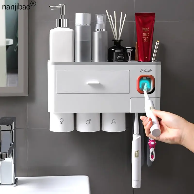 

Bathroom Toothbrush Holder Magnetic Inverted Toothpaste Dispenser Wall Mount Makeup Storage Rack Bathroom Accessories Set