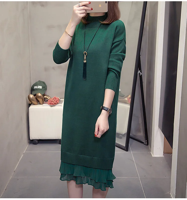 XL-4XL размера плюс, женское вязаное платье с высоким воротом, зима, длинный рукав, пэтчворк, гофрированный женский свитер, теплые платья