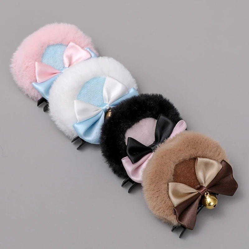 

Faux Fur Bear Ears Hair Clip Sweet Double Bowknot Bell Lolita Cosplay Hairpins LX9E