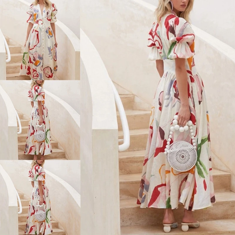 

Women Summer Puff Sleeve Sexy V-Neck Maxi Long Dress Bohemian Floral Button Front High Waist Flowy Loose Beach Sundress