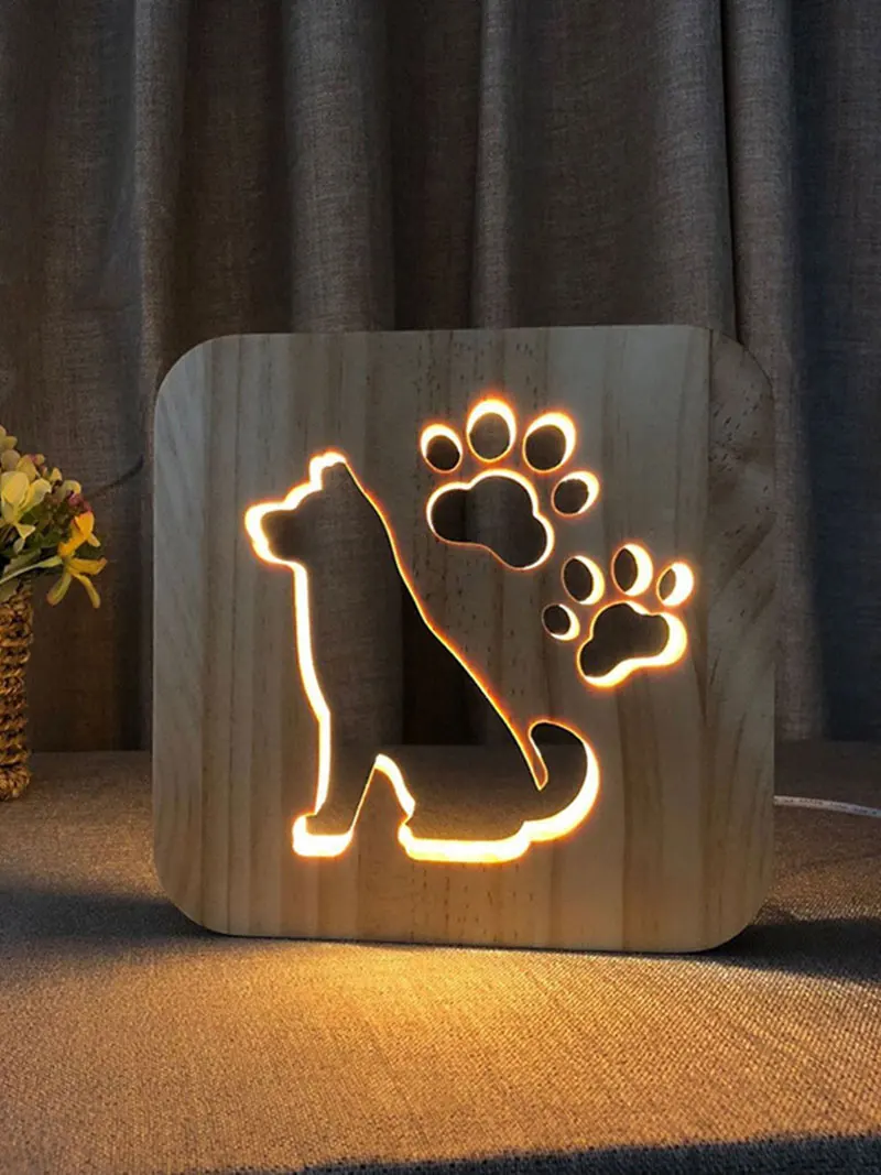 Деревянный светодиодный ночник 3D лампа для резьбы по дереву с милыми животными