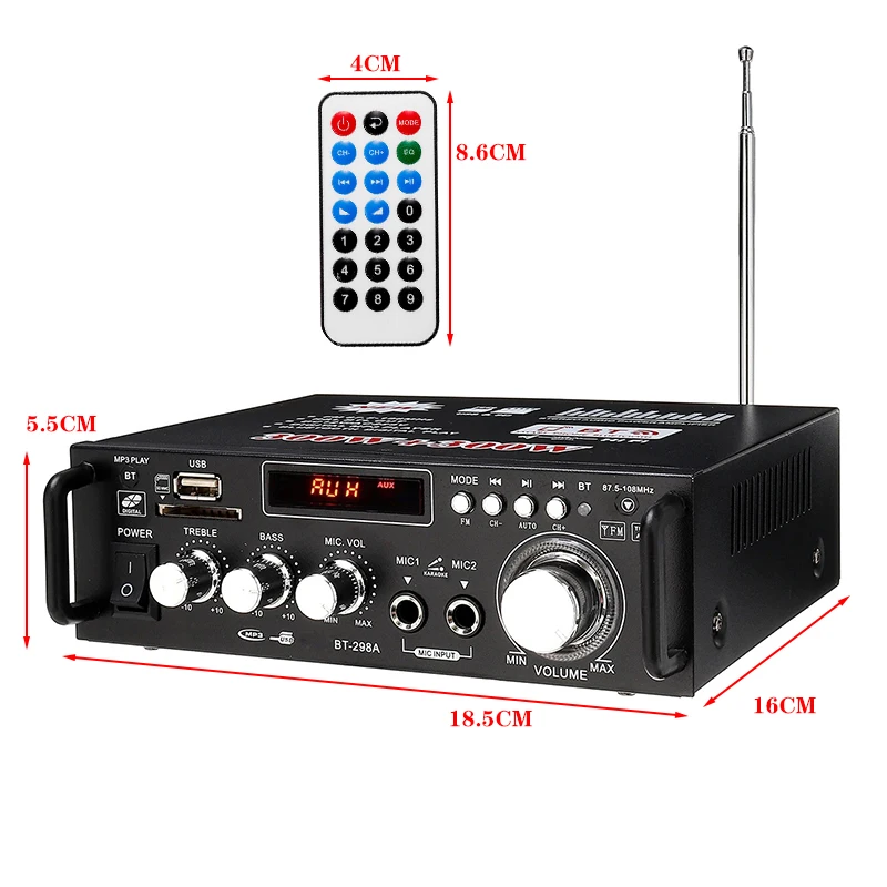 

12/220V Car Audio Amplifier 2CH LCD Display Digital 298A HIFI Powers Amplifier bluetooth FM Car Home Stereo Subwoofer W/Remote