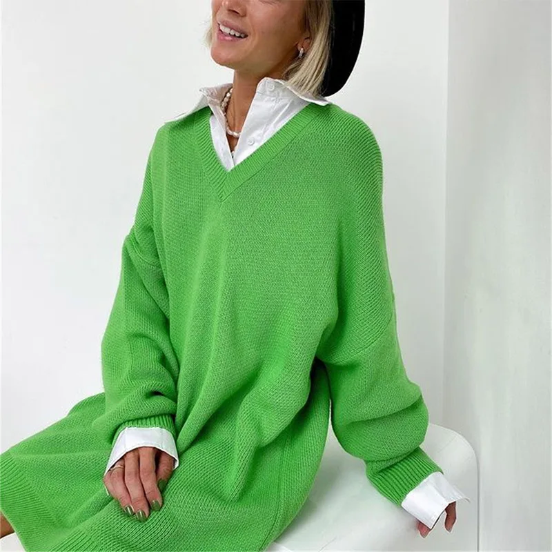 

Green Knitted Women's Long Sleeve Sweaters 2021 Autumn V-neck Dropped Shoulder Loose Midi Pullovers Lady Fashion Office Knitwear