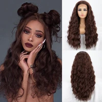 kryssma brown synthetic lace front wigs for women long body wavy synthetic wig natural hairline fiber hair heat resistant