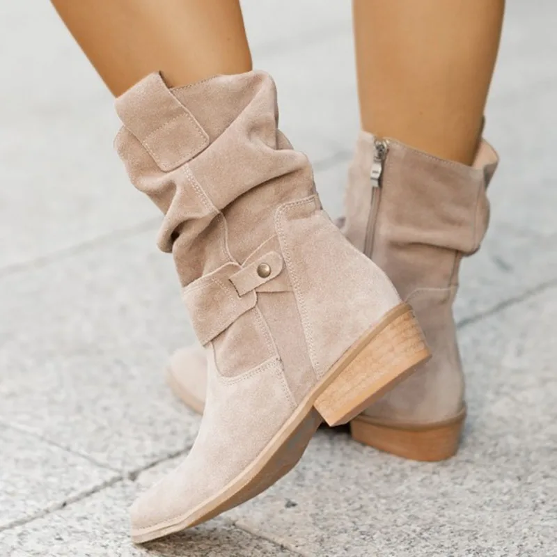 

2023 Autumn Winter Cowboy Boots Women Low Heels Suede Ankle Boots Metal Buckle Side Zip Large Size Female Shoes Short Booties