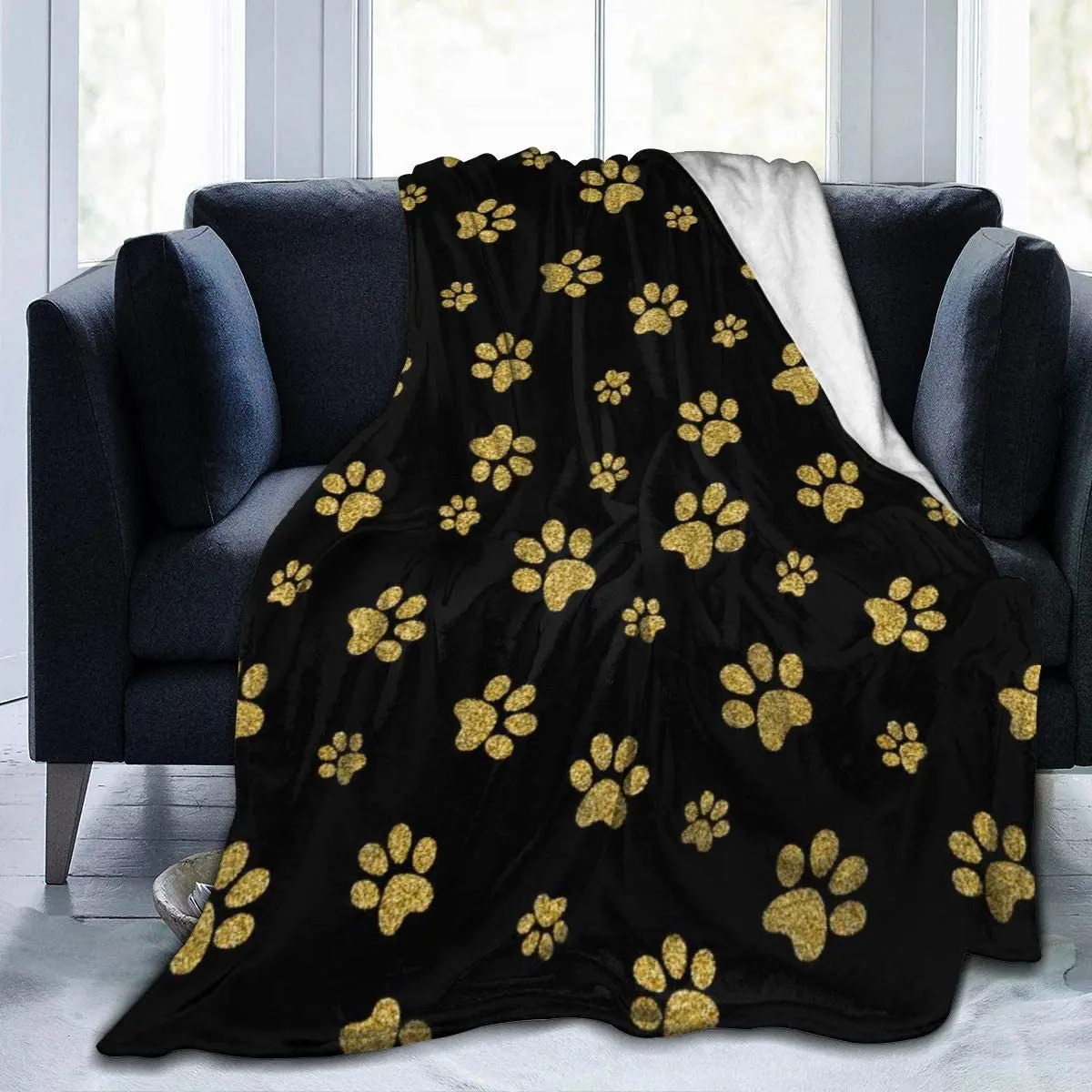 

Фланелевое Флисовое одеяло, мягкое покрывало золотистого и черного цвета с принтом «Собачья лапа», для детей, взрослых, малышей, собак, коше...