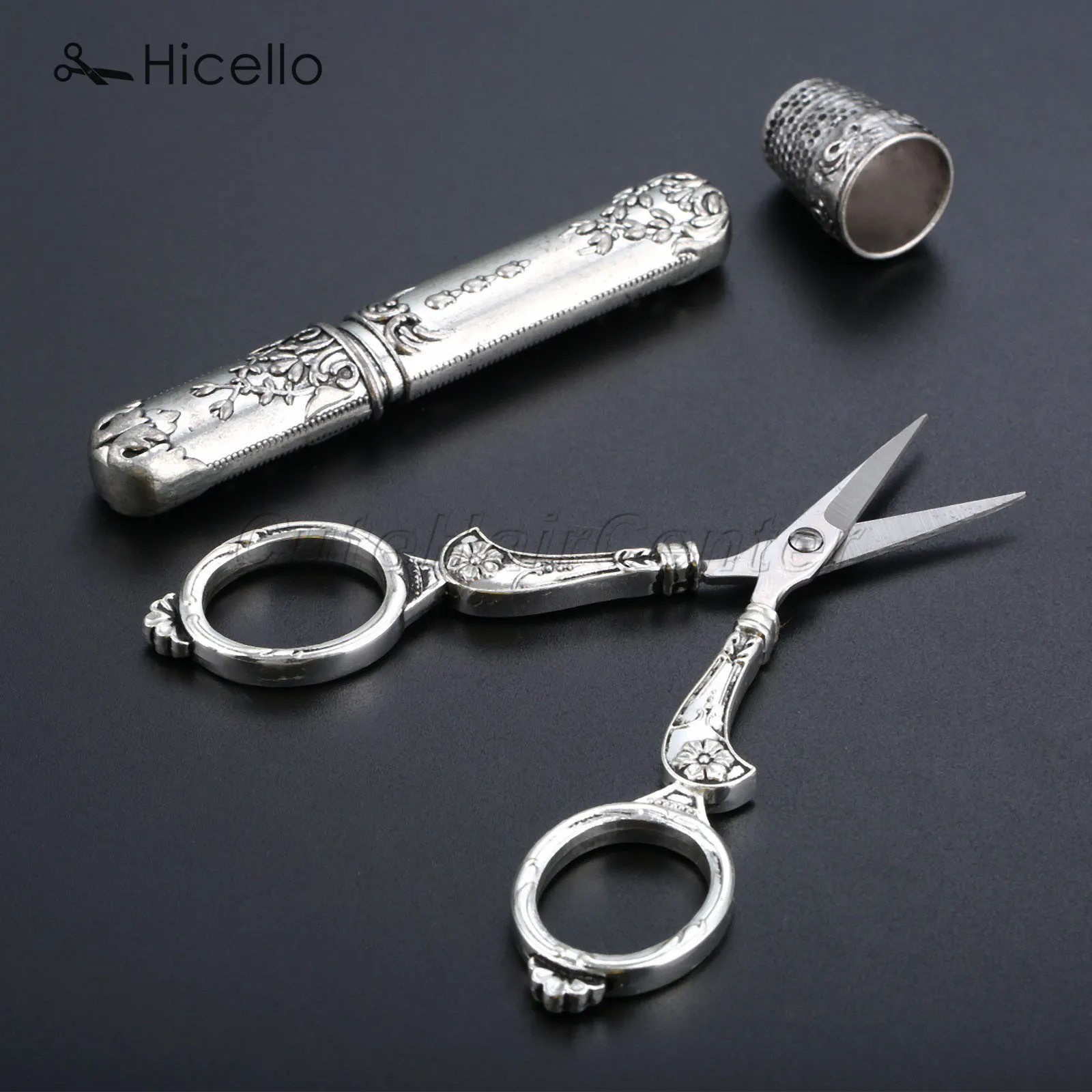

3pcs/set European Sewing Kits Vintage floral Scissors Thimble Needle Case Stainless Steel Silver Sewing tool kits DIY Hicello
