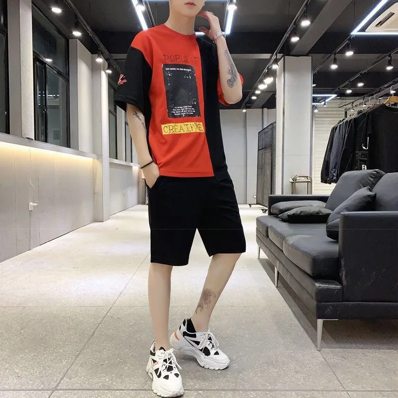 

fashion summer two piece set Printed Boys suits short-sleeve tops & shorts youth sports students ropa hombre Quality Hip Hop Set