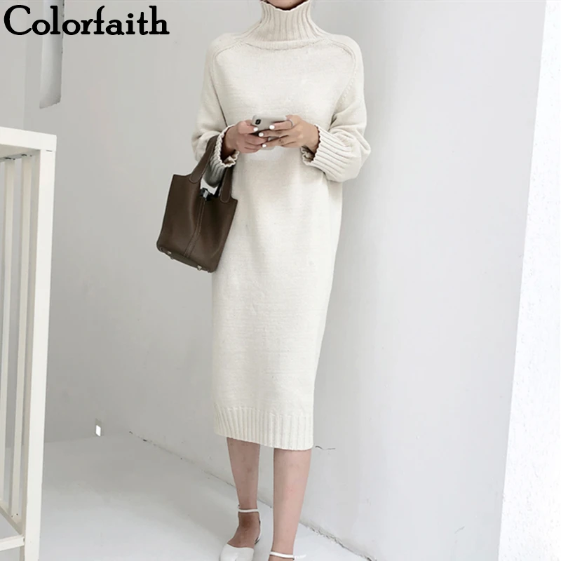 Colorfaith осень-зима Для женщин с высоким, плотно облегающим шею воротником, высота до середины голени, Вязание прямые платья корейский стиль элегантный Однотонная повседневная обувь DR1635