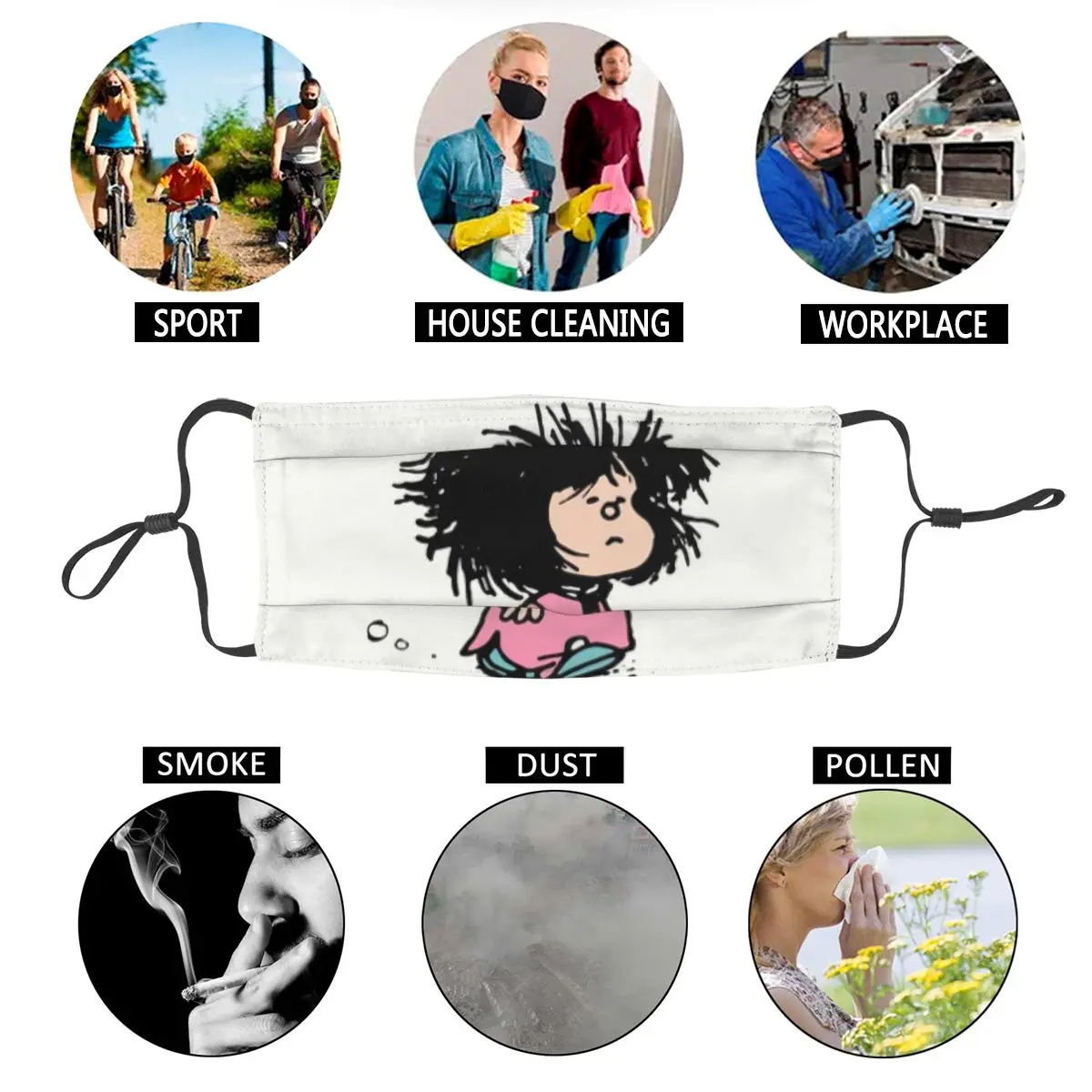 

Humor Manga Mafalda Washable Mouth Face Mask Men Quino Argentina Cartoon Anti Dust Haze Mask Protection Cover Respirator