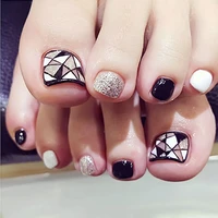 24pcs grids style fake toe nails tips black white silver triangle geometry toe short false nails artificial feet patch