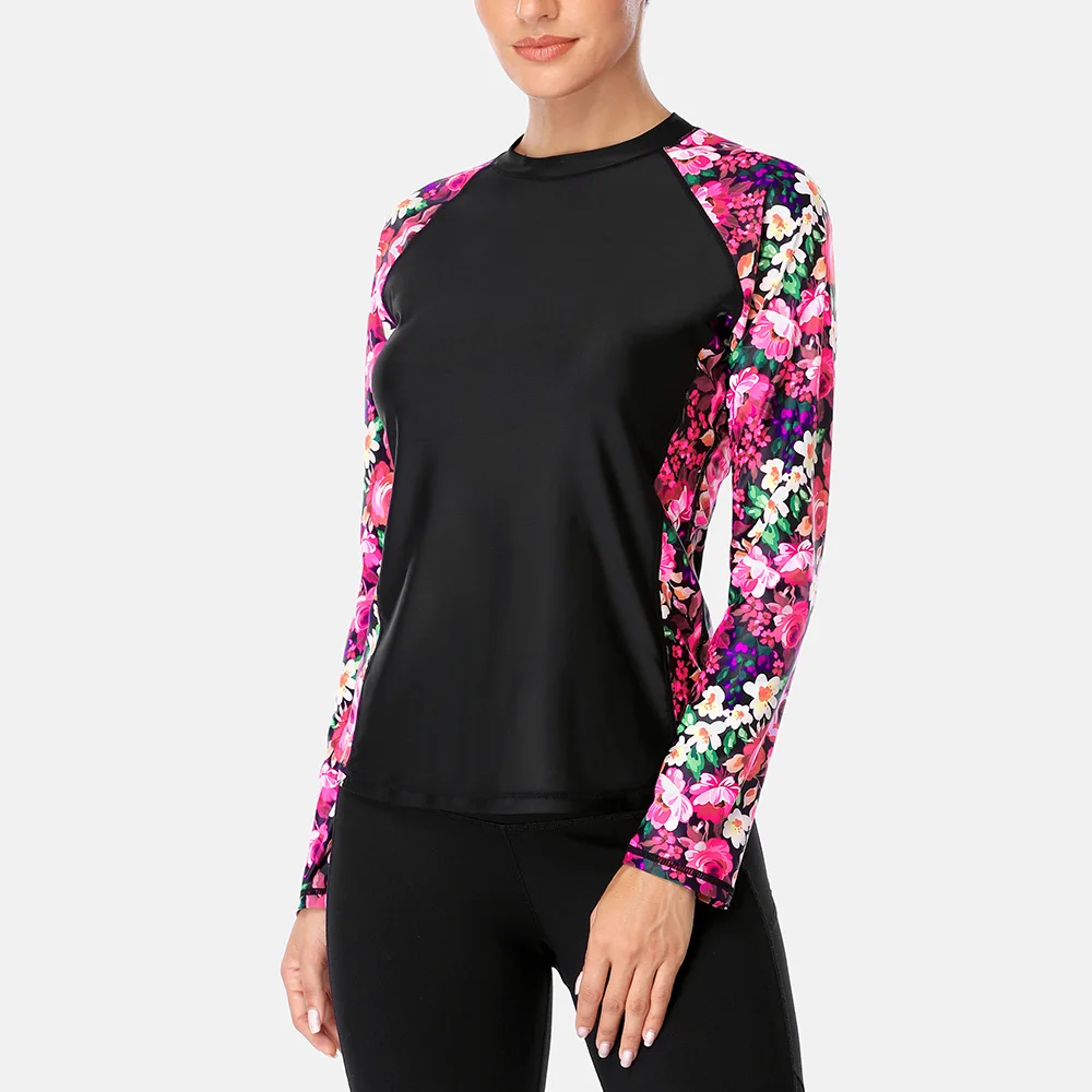 Charmleaks Women Rash Guard Top Swimwear Long Sleeve Rashguard Diving Shirts Surfing Top Retro Print Swimsuit Shirt UPF 50+