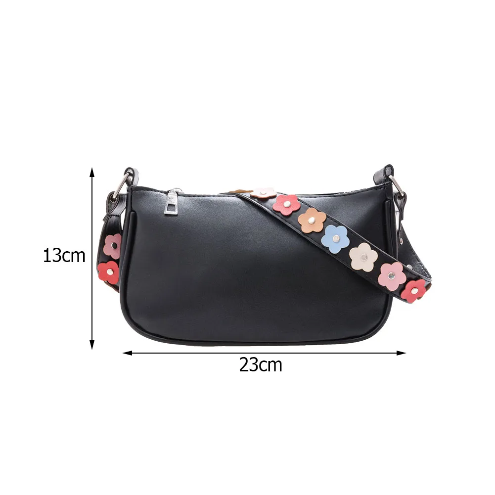 

Fashion Women PU Leather Solid Color Shoulder Underarm Bag Vintage Ladies Zipper Flower Patchwork Strap Small Handbags