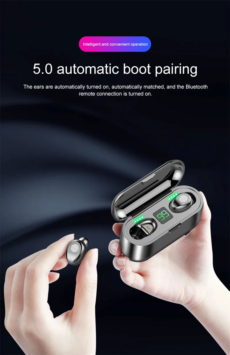 F9 TWS, беспроводные наушники, Bluetooth V5.0, спортивные наушники, светодиодный дисплей, 2000 мАч, внешний аккумулятор, микрофон