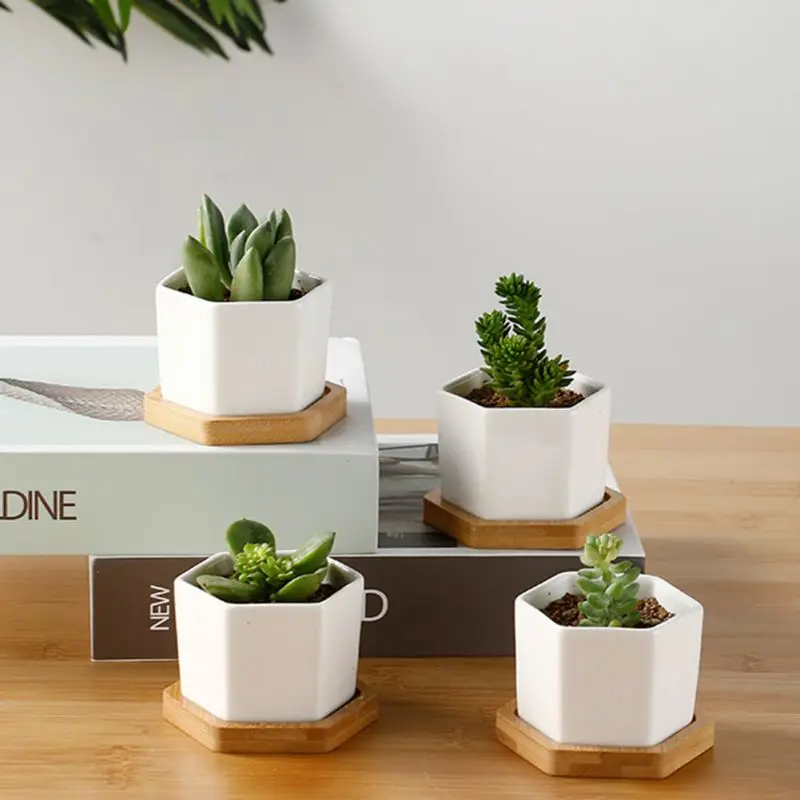 

Ceramic Pot Artificial Succulent Flowerpot Set Creative Home Decor Six-sided With Bamboo Support For Desktop Office Decoration