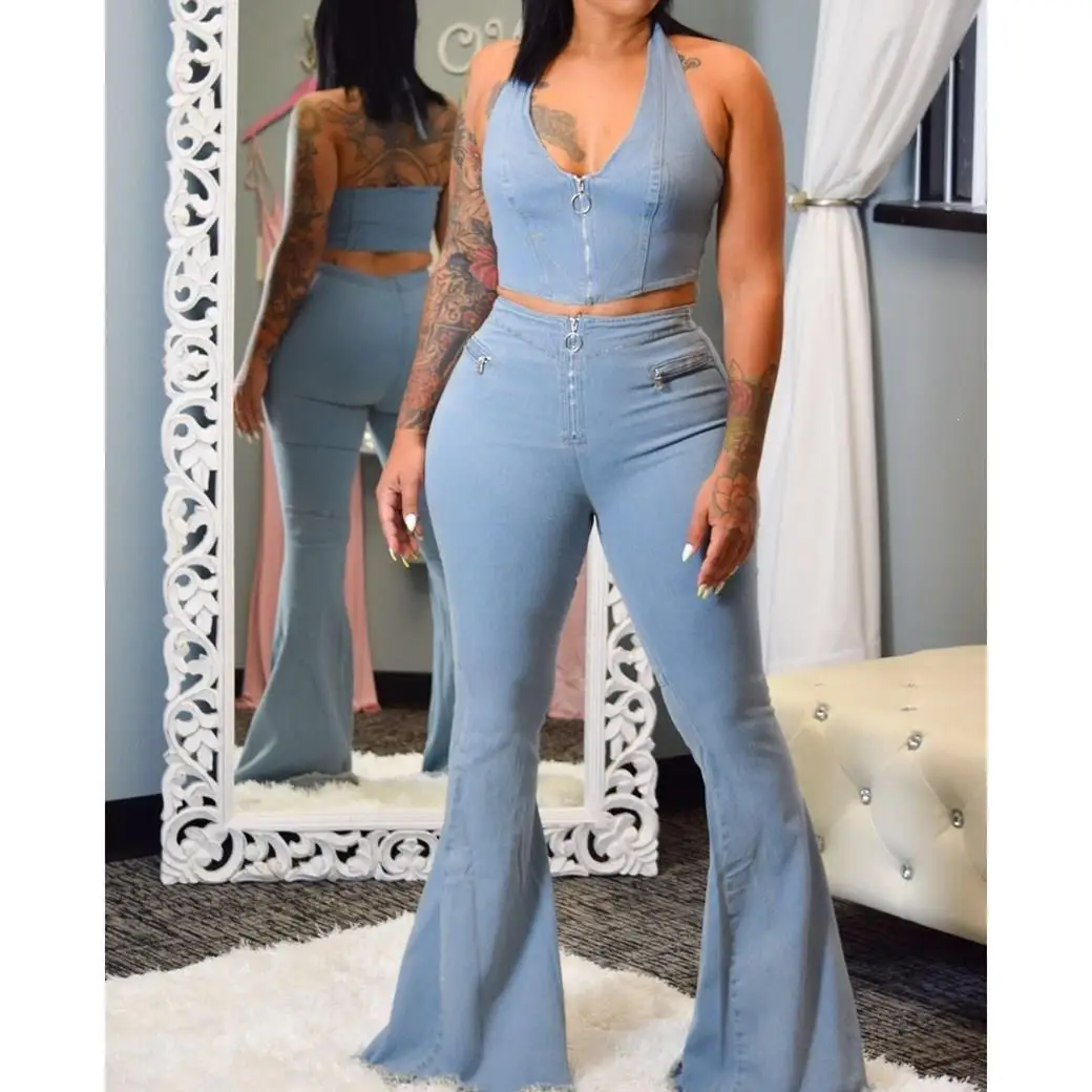 Women Two Piece Pants Set Streetwear Halter Neck Crop Top Flare Jeans Denim Suit Tracksuit Outfits |