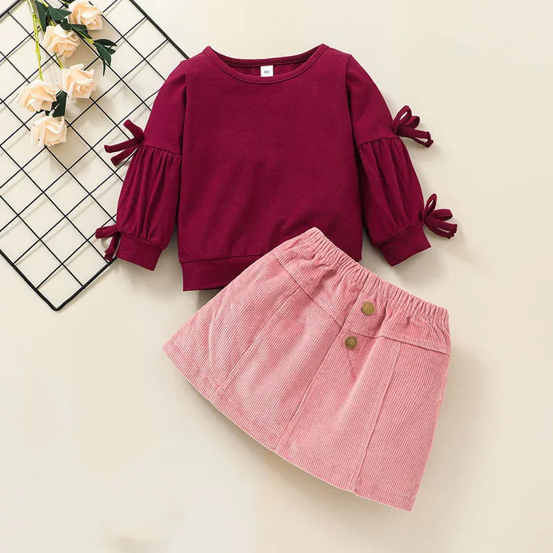 

Spring Autumn Child Clothing Set 2021 New Fashion Girls Solid Color Bowknot Sweater + Skirt 2 Pcs Outfits 1-5 Years Kids Costume