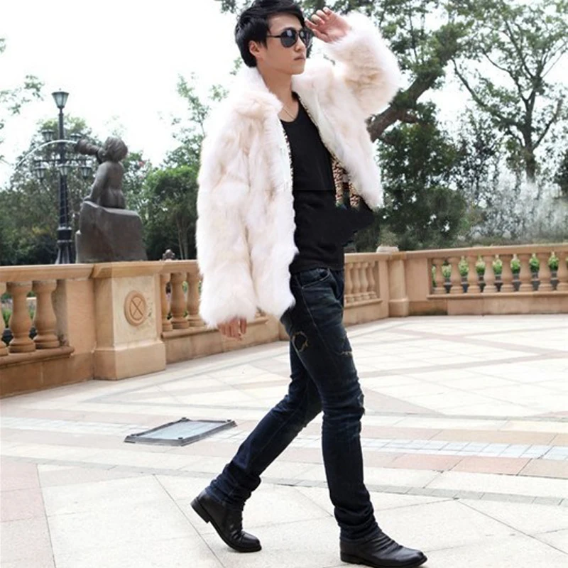 

Men Fashion Winter Thicken Warm Short Outwear Fur Jacket Coat Soft Fox Fur Overcoat Black White High Quality Faux Fur Coat