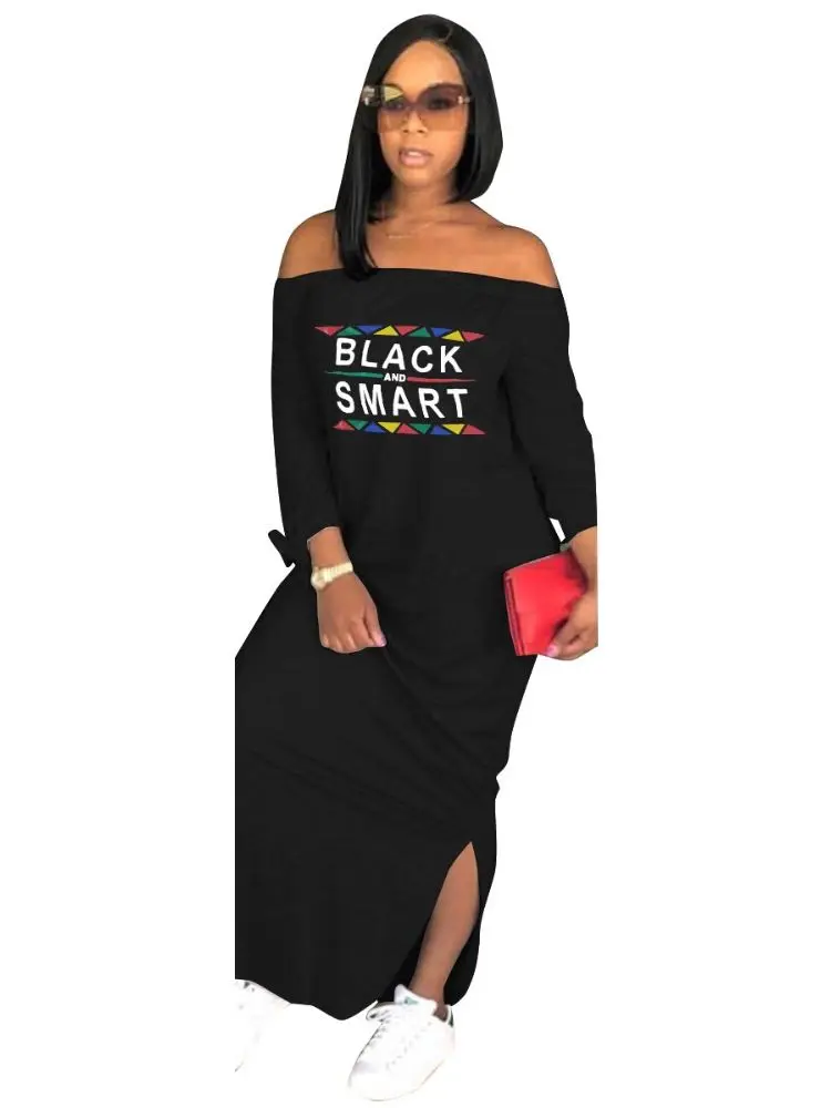 Осенние новые женские платья с длинным рукавом и надписью черные смарт