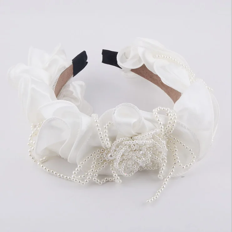

Women hairbands Fashion Slippery Silk Fabric Pearl Flower Tassel Hair Hoop Ladies Prom Street Shooting Travel Hair Accessories