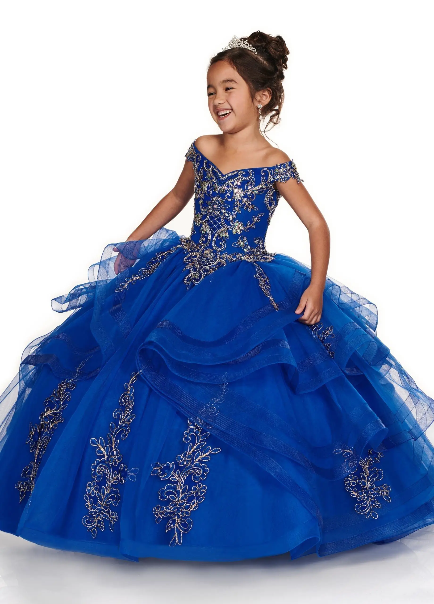 

Pageant Royal Blue Party Dresses for Girl Ball Gown Sexy Off the Shoulder Bodice Appliques Lace Formal Prom Flower Girls Dress