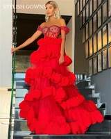 2022 red off the shoulder evening dress beaded prom dresses for women ruffles birthday party gowns vestidos elegantes para mujer