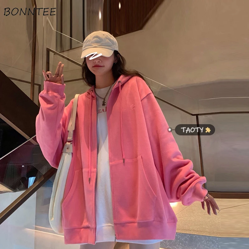 

Pink Hoodies Women Solid Drawstring All-match Autumn Daily Korean Vacation Aesthetic Elegant Tender Harajuku College Sweet Chic