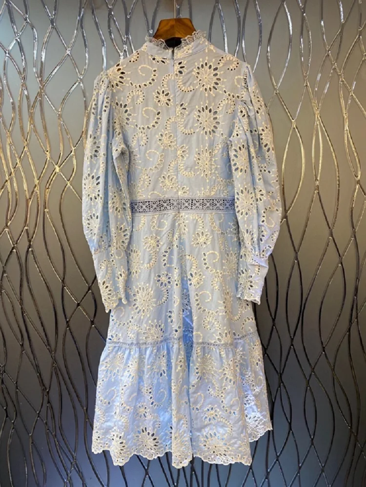 

Hollow Out Embroidery Dress 2020 Autumn Party Vestidos Special Occasion Women Allover Flower Patterns Mid-Calf Blue Yellow Dress