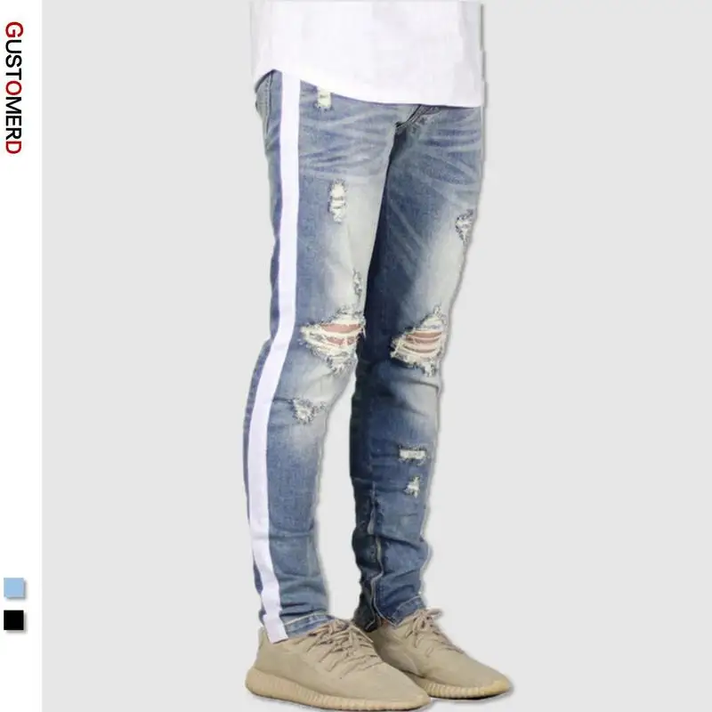 Мужские облегающие джинсы повседневные брюки из 2020 хлопка с полосками сбоку и