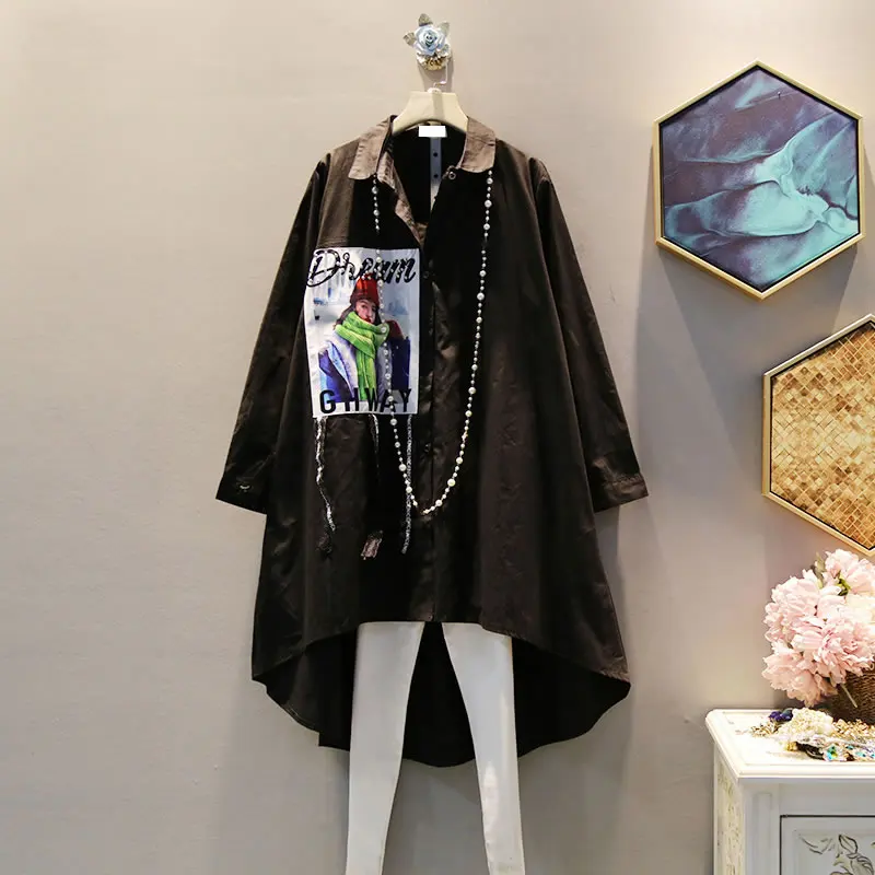 black GCC1449 XITAO плиссированная блузка с бисером Женская корейская мода новинка осень отложной воротник однобортный Асимметричный длинный рубашка GCC1449 - Цвет: black GCC1449