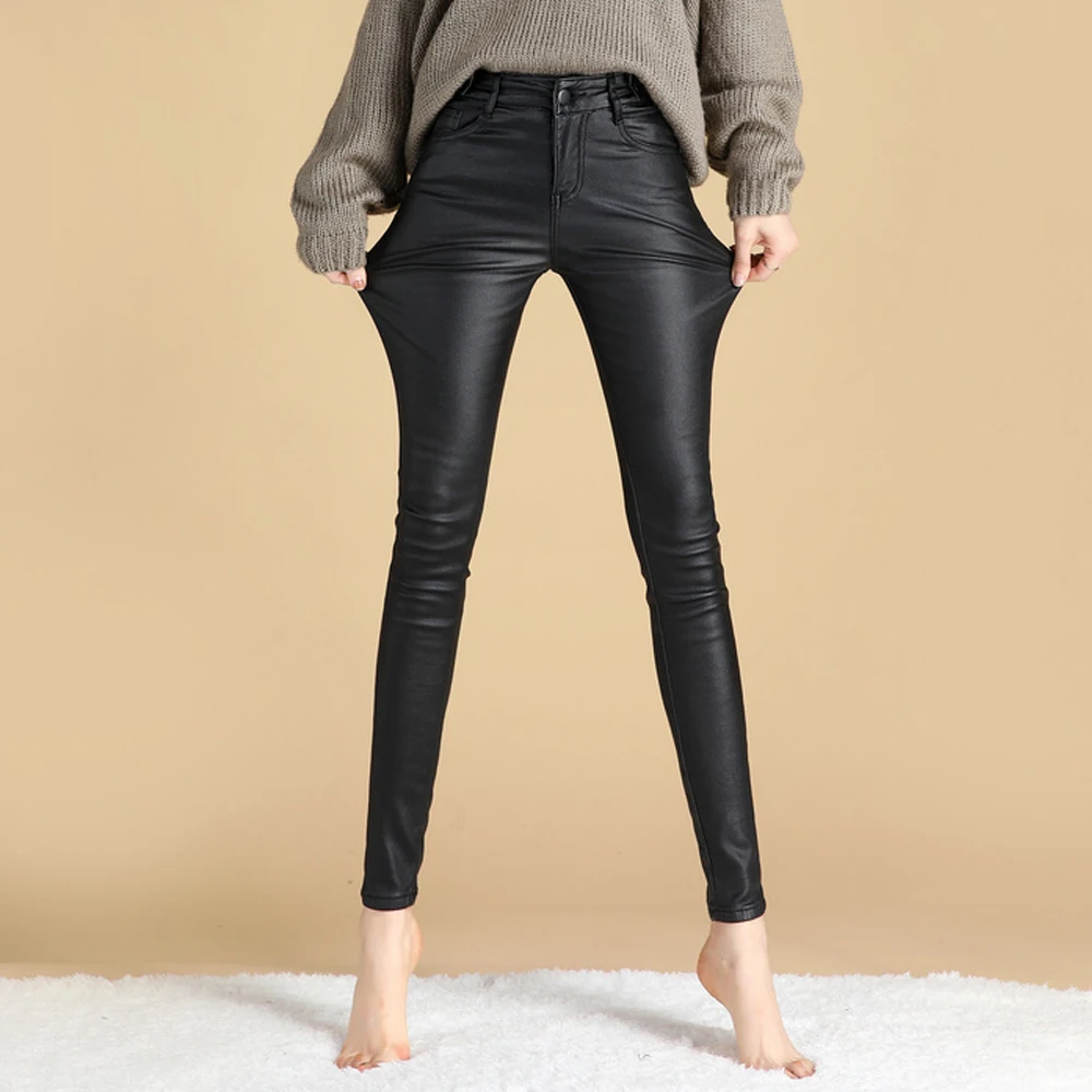 Осенне зимние женские брюки из искусственной кожи эластичные с высокой талией