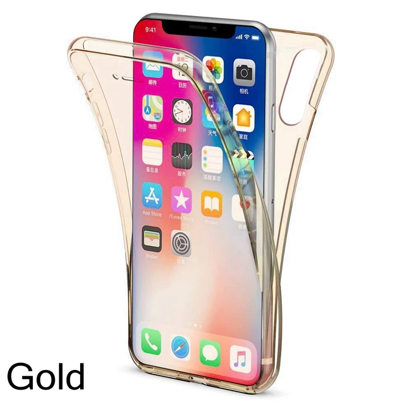 Всего тела 360 градусов Прозрачный чехол для iphone 11 Pro MAX 10 XR X XS MAX 6, 6 S, 7, 8plus, спереди и длинное сзади 2 слоя протектор Мягкий ТПУ чехол с мультипликационным рисунком - Цвет: Gold
