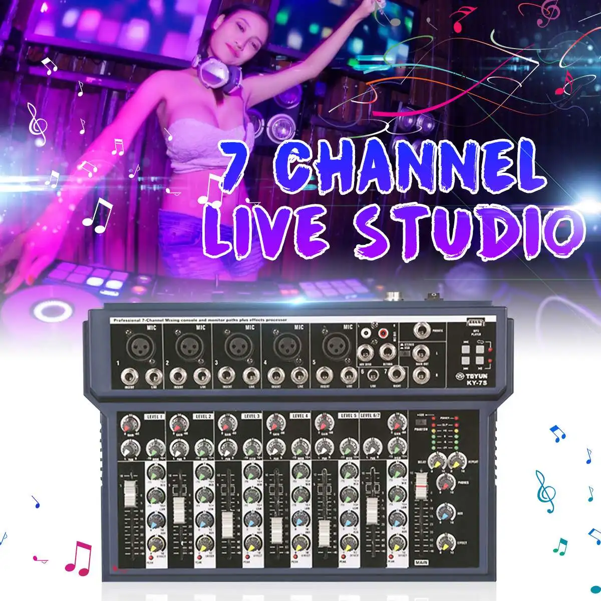 

Professional 7 Channel Mixer USB MP3 Live Studio DJ Audio Console 48V Phantom Power Microphone Karaoke Mixing for KTV