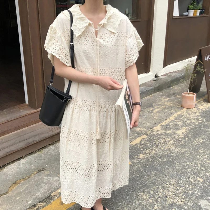 

Alien Kitty 2021 Summer New Brief Sweet Butterfly Sleeve Prom Chic Lapel Party Hot Solid Long Dresses Turn-Down Collar Lace