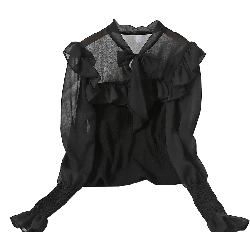 

Spring new stitching Ruffle chiffon long sleeve bandage stand collar temperament top shows thin Korean knitting shirt