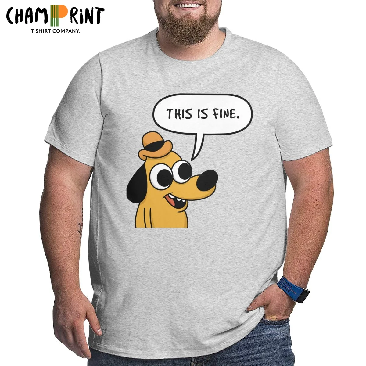 This Is Fine Meme T-Shirt for Men Crew Neck Cotton T Shirts Dog Short Sleeve Big Tall Tees Plus Size Big Size Large 4XL 5XL 6XL