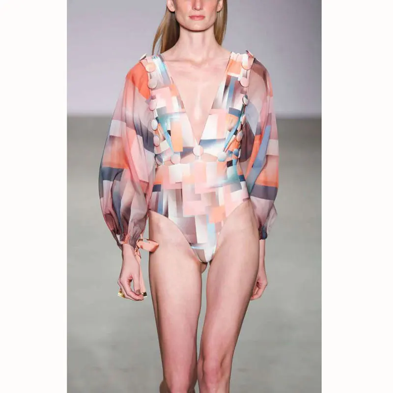 Женский сплошной купальник монокини с вырезами прозрачный длинным рукавом